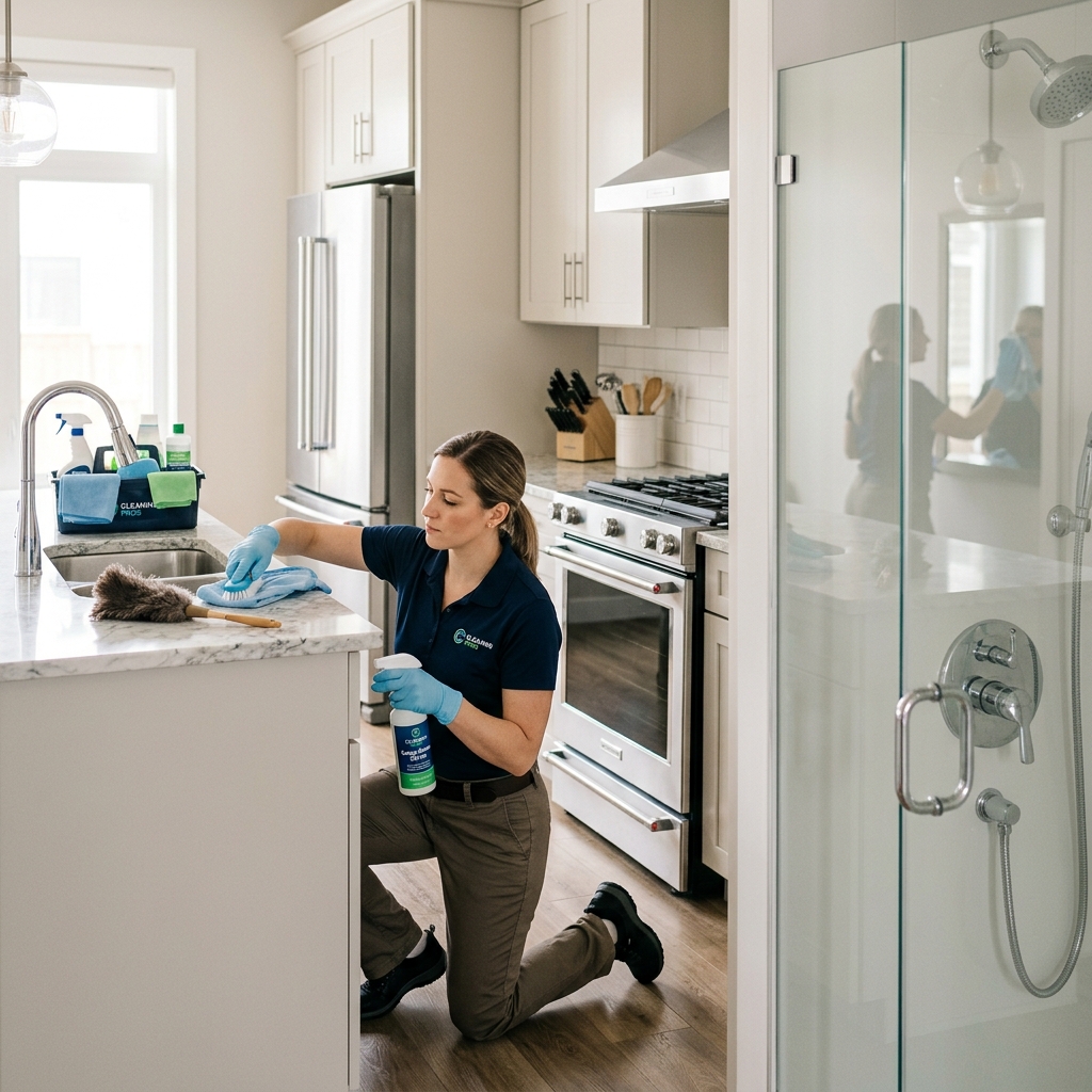 A thorough, deep clean of a bathroom with sparkling tiles and fixtures