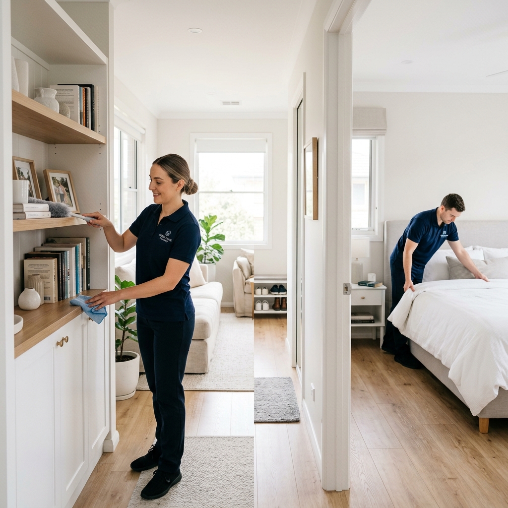 A perfectly cleaned living room with a fresh, organized look